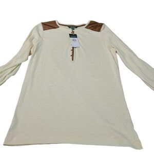 NWT Lauren Ralph Womens Western Henley Shirt Beige 1X Cream 100% Cotton